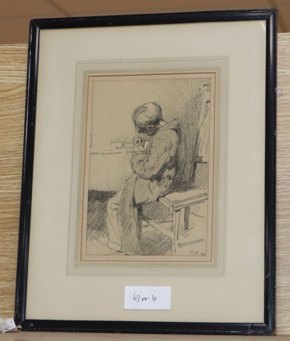 Charles Knight (1901-1990), pencil sketch, Boy in a dressing gown, signed and dated 22, 20 x 13cm.